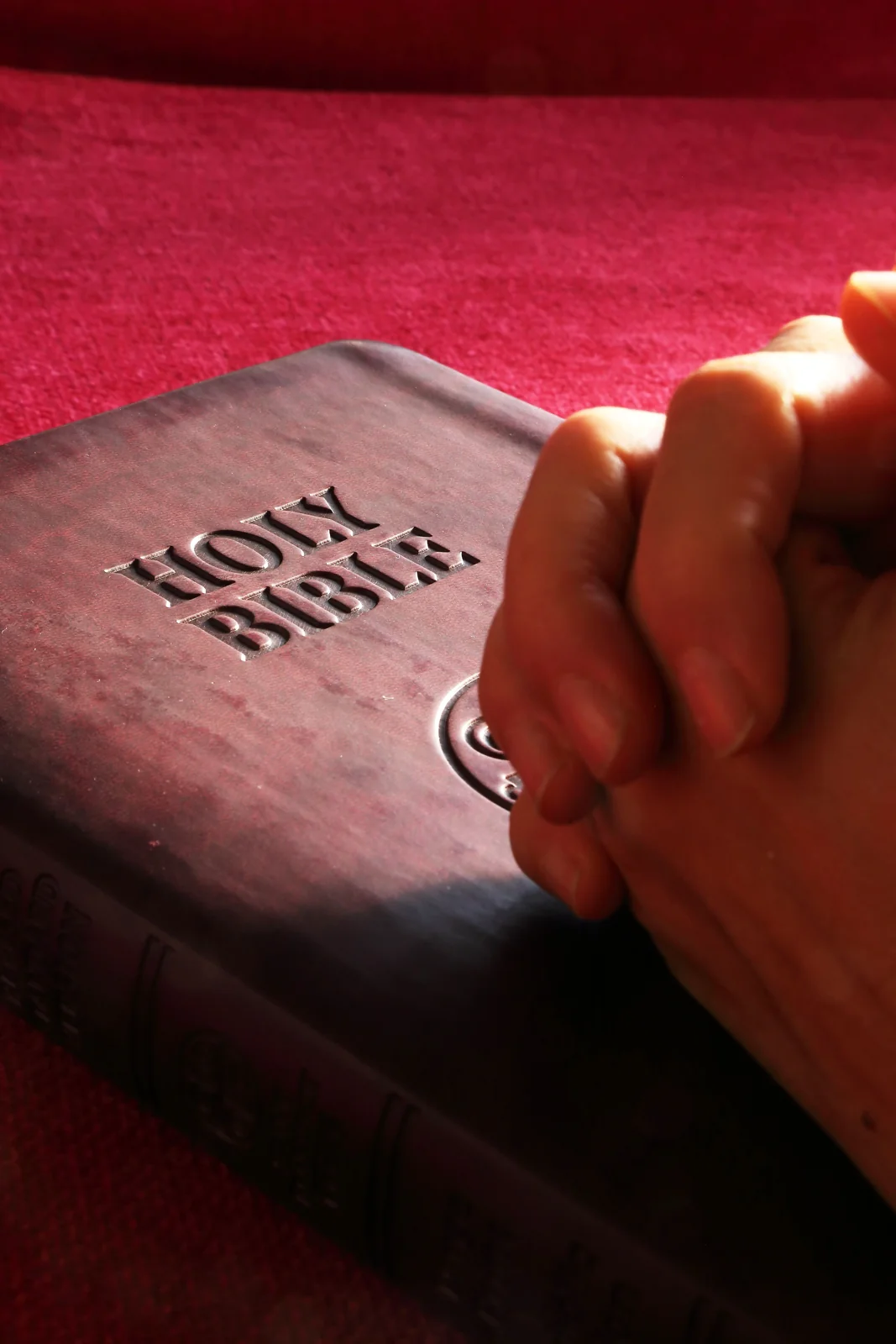 Hands clasped in prayer on a Holy Bible